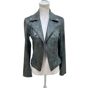 Insight New York Green/black pebble vegan leather moto Jacket faux zipper size 6